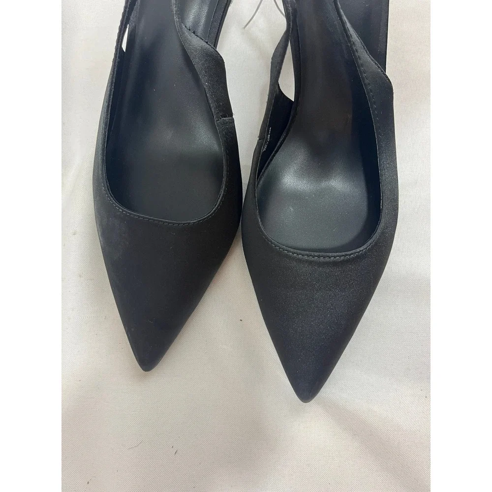 A New‎ Day Women Black Satin Rhinestone Disco Ball Heel Slingback Pumps Size 7